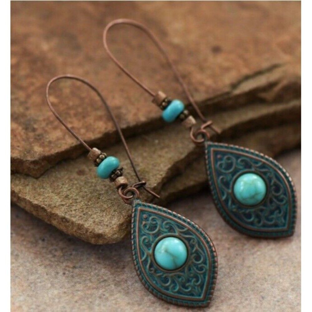Vintage Turquoise Teardrop Earrings Boho Swirl Copper Alloy Beaded Hook 1 - Picture 2 of 4
